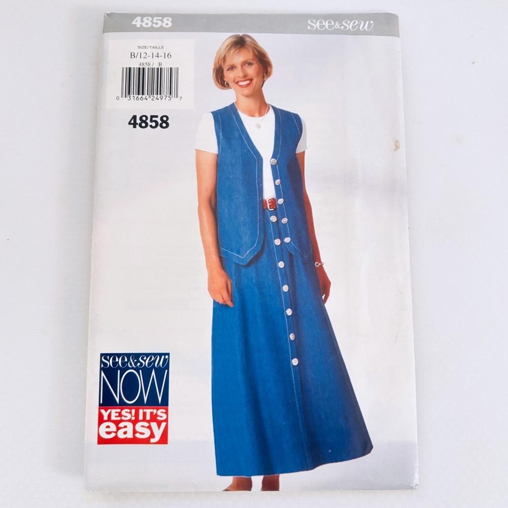 See Sew 4858 Hip Length Button Down Vest Maxi Skirt Set Sz 12-16 Cottagecore UC